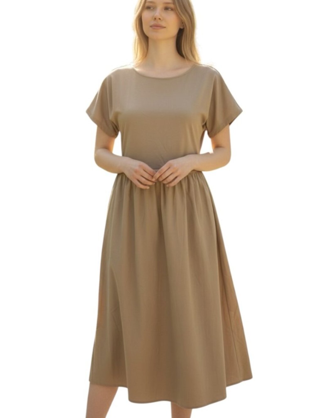 Uniqlo Women Brown Midi Dress Short Sleeve Cotton Casual A-Line Pocket Size S